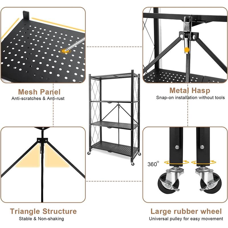 4-Tier Foldable Storage Shelving Unit, Heavy Duty Metal Shelf, Kitchen Shelf with 3 Hooks
