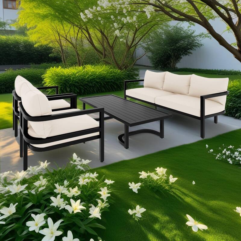 4-Piece Outdoor 5-Seater Steel Cnversation Sofa Set with Coffee Table, Waterproof, Anti-rust and Anti-UV - Beige