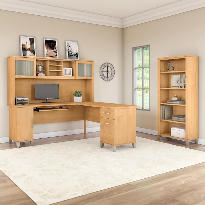 Somerset 72W L Shaped Desk with Hutch and 5 Shelf Bookcase - Maple Cross