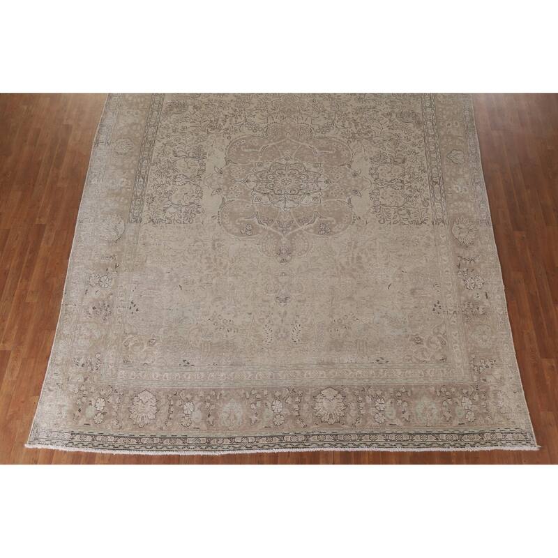 Hand Knotted Oriental 100% Wool Carpet Traditional Floral Beige & Ivories Tabriz Area Rug - 12' 7'' X 10' 2''
