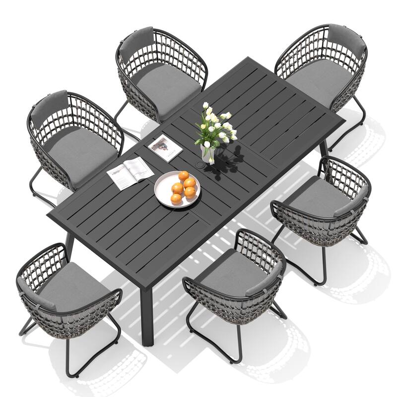 VredHom 7-PC Outdoor Patio Rectangular Aluminum Dining Sets Table with Rattan Chairs Umbrella Hole - Black-Table&Grey-Chairs