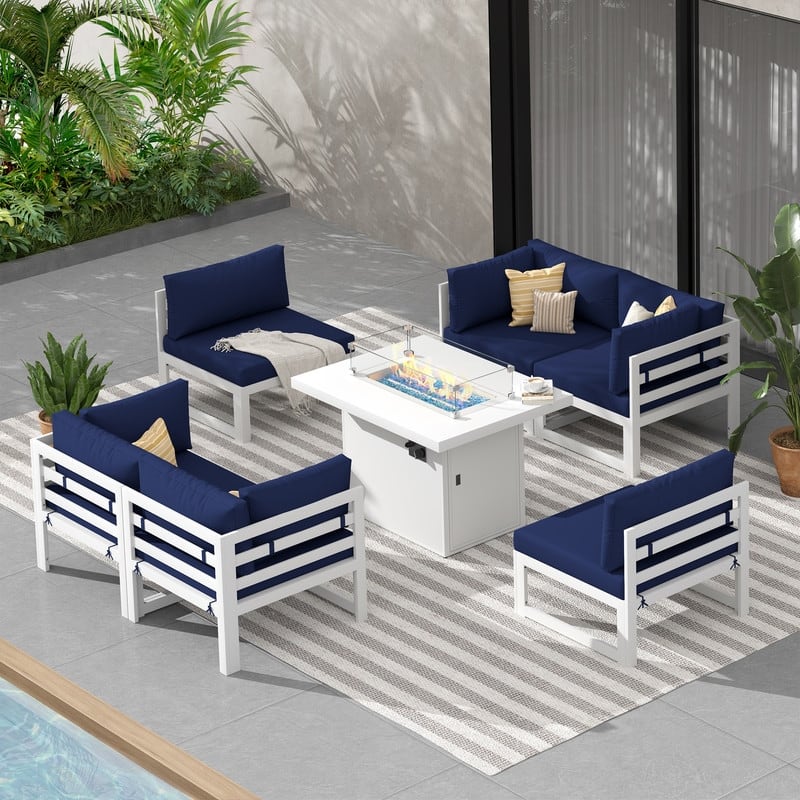 FINCATI Modern 7 Piece White Aluminum Outdoor Furniture Set with Propane/Natural Gas Firepit Table