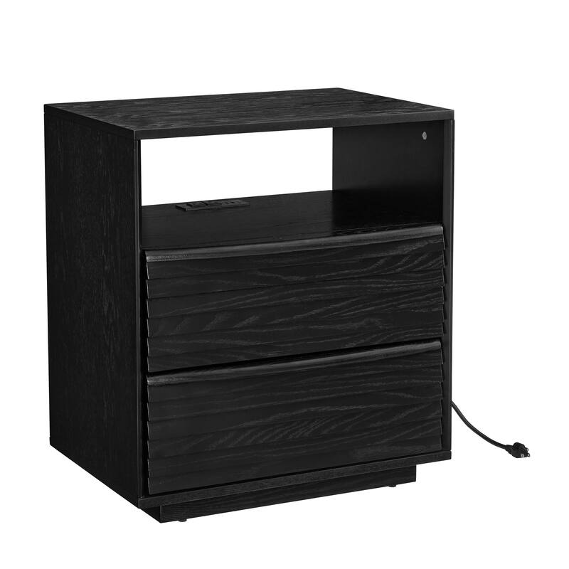 Anmytek Black 2 Drawer Side Table with Power Strip Charging Nightstand for Bedroom and Living Room
