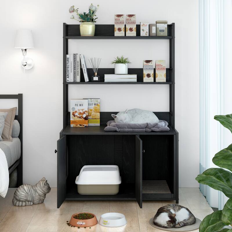 Cat Litter Box Enclosure With Shelf Storage, Hidden Cat Washroom Furniture With Scratch Pad, Indoor Cat Cabinet With 2 Doors - Black