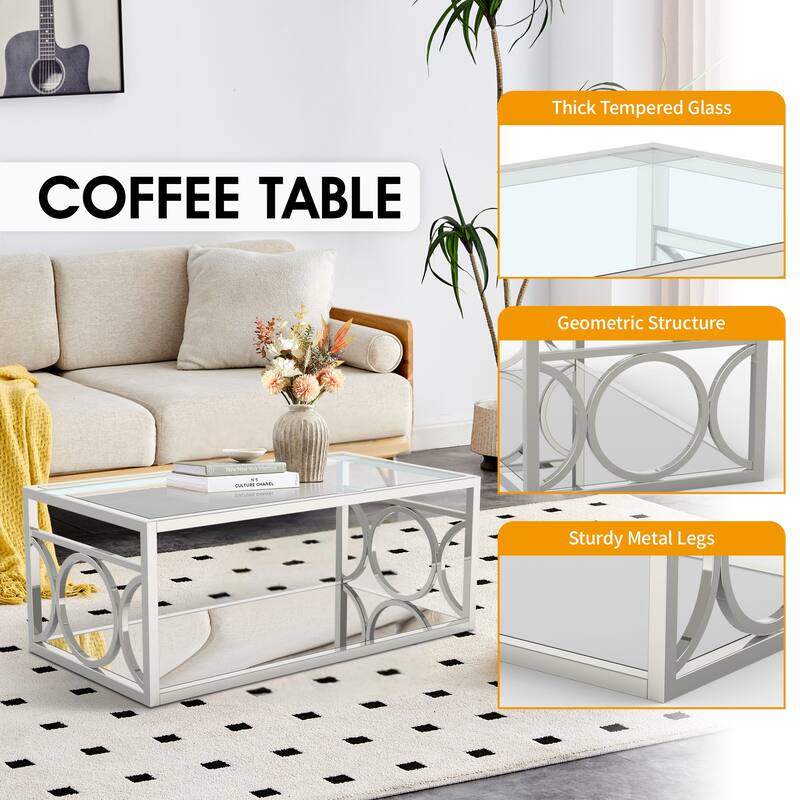 47" L Metal and Tempered Glass Modern Rectangle Coffee Table - 47.25"L X 23.5"W X 18.5"H