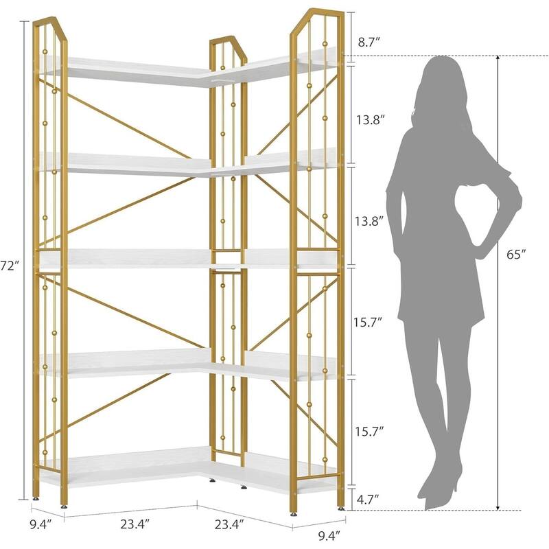 72" 5 Tier Industrial Corner Bookshelf, L-Shaped Bookcase - N/A