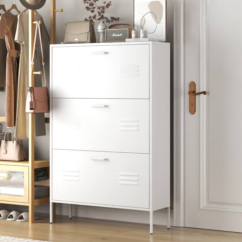 Freestanding Shoe Storage Cabinet with 3 Flip Drawers and Metal Frame