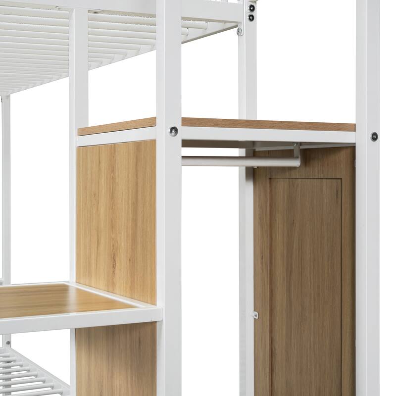 Black/White Metal Bunk Bed Twin Over Full with Built-In Wardrobe, Step Ladder Storage, and Optional Trundle or Drawers