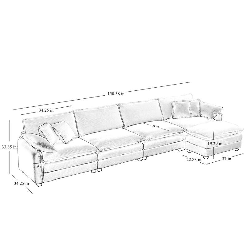 Grey 4-piece Corduroy Upholstered L-Shaped Modular Sectional Sofa with Removable Ottoman, 5 Pillows, and Free Combination