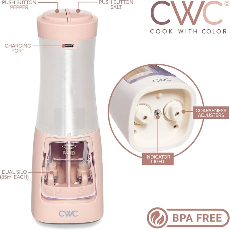 COOK WITH COLOR 2-in-1 Rechargeable Salt & Pepper Shaker - 2 Grinders for Salt and Pepper