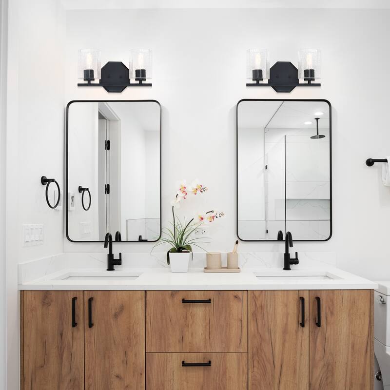Haven 16 in. 2-Light Matte Black Vanity Light with Clear Rippled Glass Shades for Bathrooms