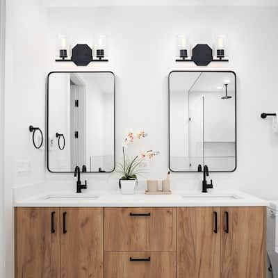 Haven 16 in. 2-Light Matte Black Vanity Light with Clear Rippled Glass Shades for Bathrooms