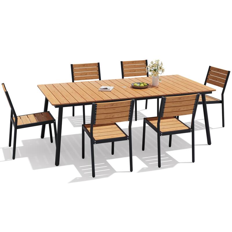 7-Piece Outdoor Patio Dining Set Wood-Like Table Top Alumium Umbrella Hole Table with Stackable Armless Dining Chairs