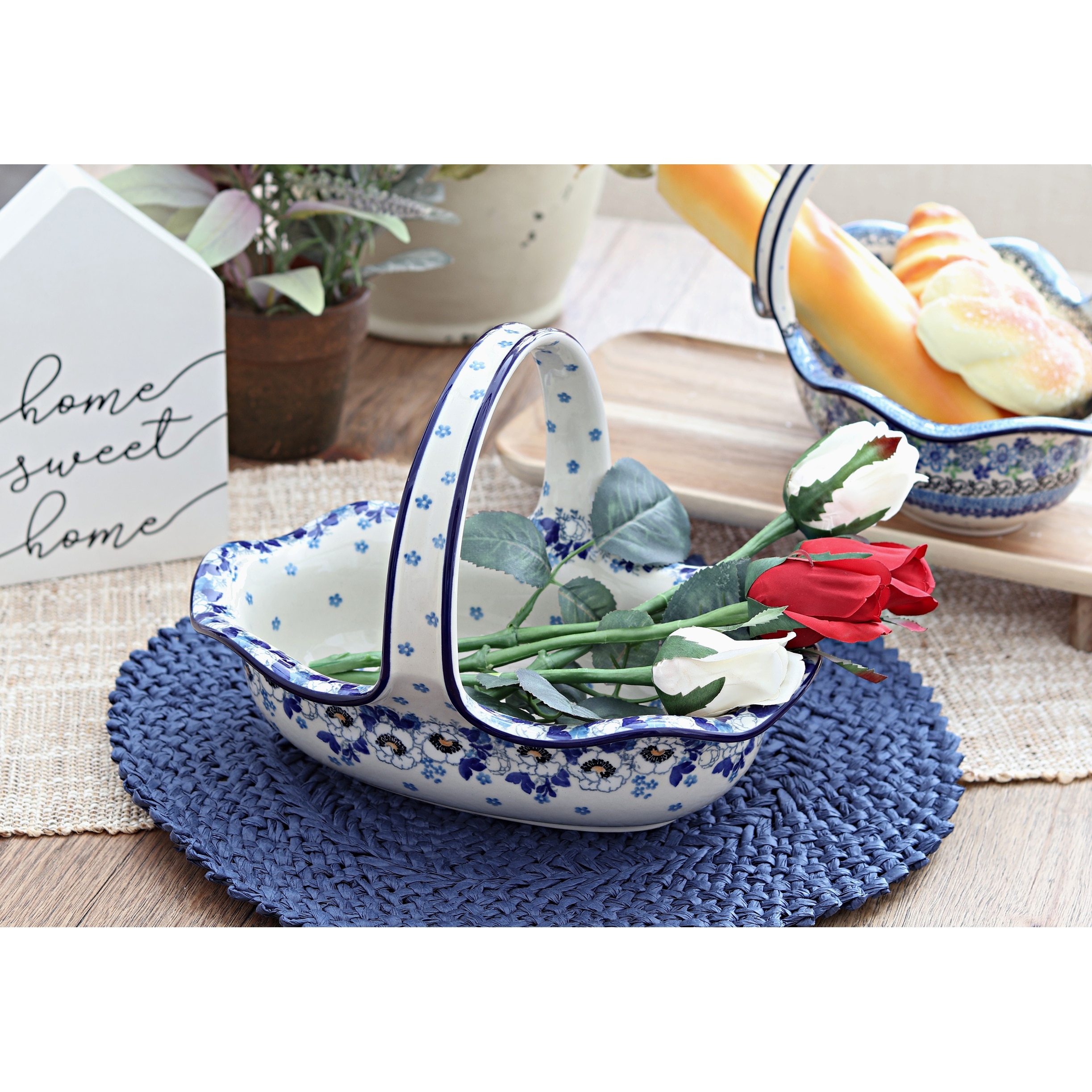 Ceramika Artystyczna 青いバラのセット（No.1532x） Blue Rose Polish Pottery 876 Ceramika Artystyczna Basket - Bed