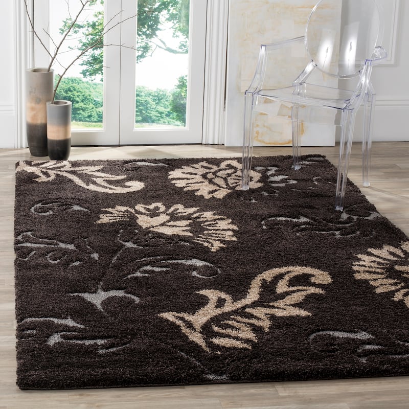 SAFAVIEH Florida Shag Katherine Floral 1.2-inch Thick Rug - 3'3" x 5'3" - Dark Brown/Smoke