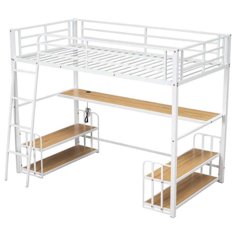Heavy Duty Metal Bed Frame, Twin Size Loft Bed with Wood Desktop Desk, Storage Shelves and Charging Station for Bedroom