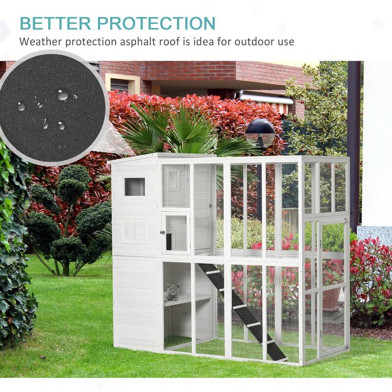 PawHut Large Wooden Outdoor Cat House with Large Run for Play, Catio for Lounging, and Condo Area for Sleeping