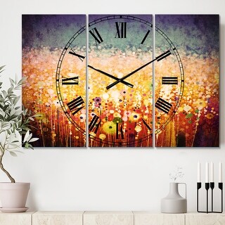 Designart 'Abstract Flower Field Watercolor ' Cottage 3 Panels Large Wall CLock - 36 in. wide x 28 in. high - 3 panels