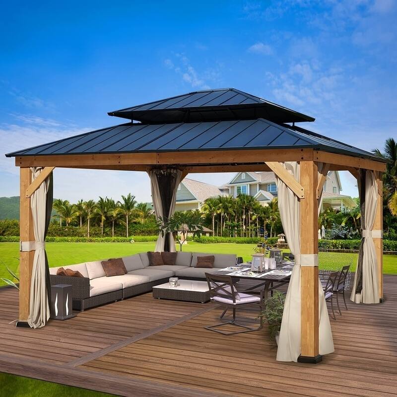 Hardtop Wood Gazebo for Patio, Outdoor Cedar/Spruce Pergola with Metal or Asphalt Roof, All-Weather Backyard Shelter - 13'x15'Cedar - Metal Roof