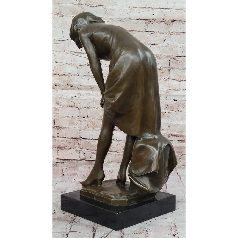Elegant Bronze Sculpture Of Woman Adjusting Dress – Graceful Figurine On Marble Base