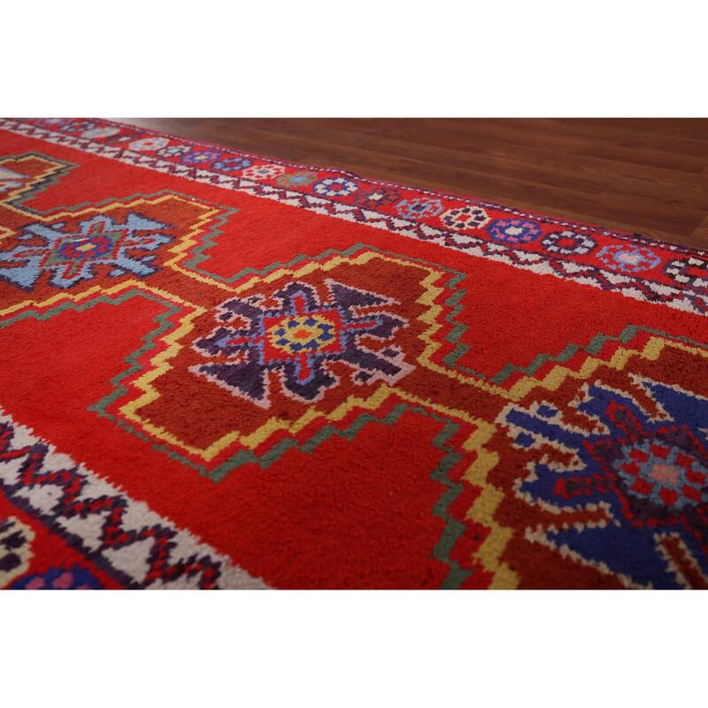 Red Geometric Anatolian Turkish Runner Rug Handmade Silk Carpet - 2'9"x 12'11"