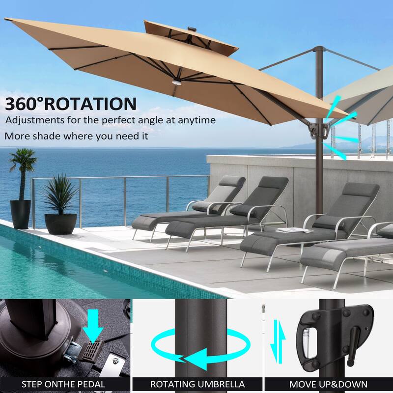 11 FT Square Outdoor Patio Cantilever Umbrella with Solar Lights Wheeled Base Double Canopy 360 Rotation Tilt