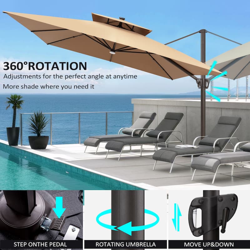 Pellebant 11X11 FT Outdoor Square Cantilever Patio Umbrella Solar LED Lighted with HDPE Base