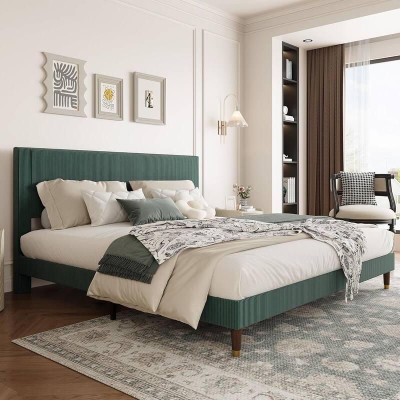 Bed Frame Upholstered Platform Bed with Fabric Headboard, Non-Slip and Noise-Free, Wooden/Metal Slats Support, No Box - Green - King