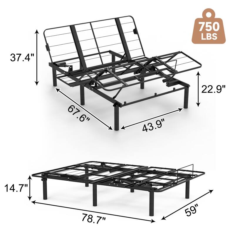 Zero-Clearance Adjustable Bed Base Frame Head and Foot Incline Quiet Motor Queen Size Zero Gravity, Dual USB A+C Ports
