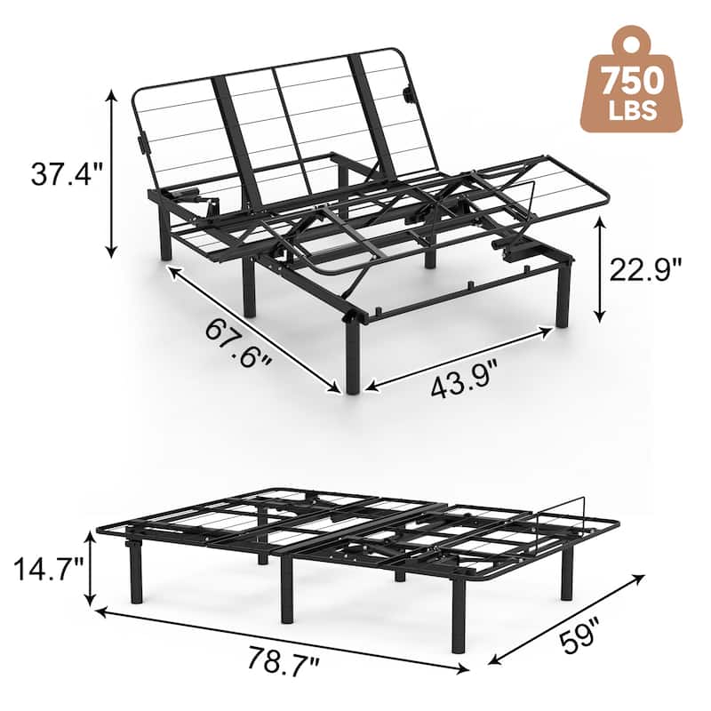 Zero-Clearance Adjustable Bed Base Frame Head and Foot Incline Quiet Motor Queen Size Zero Gravity