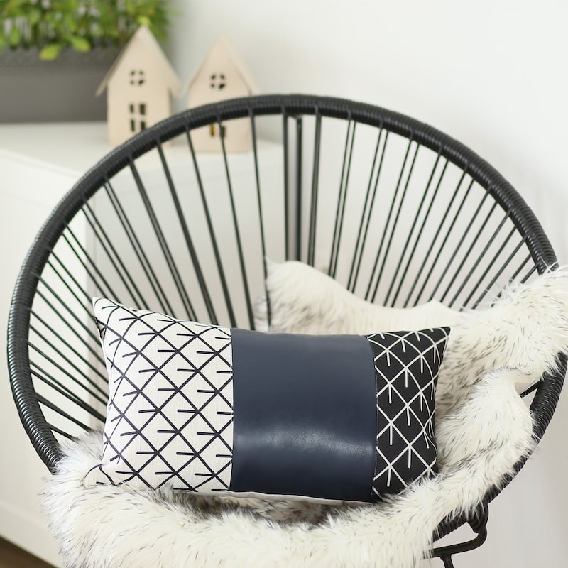 Navy Blue Mesh Faux Leather Lumbar Throw Pillow