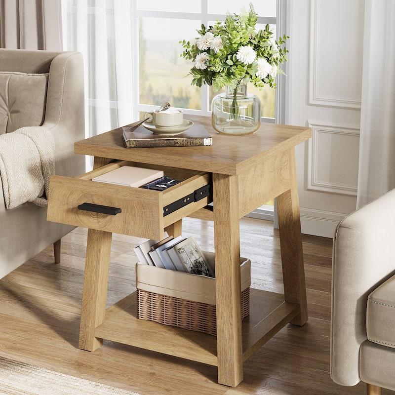 2 -Tier Wooden Side Table with Drawer