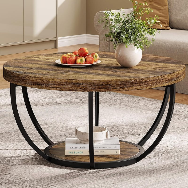 Round Coffee Table, 31.7" Wooden 2-Tier Circle Coffee Table with Storage Shelves, Accent Cocktail Table Center Table - Brown+Black