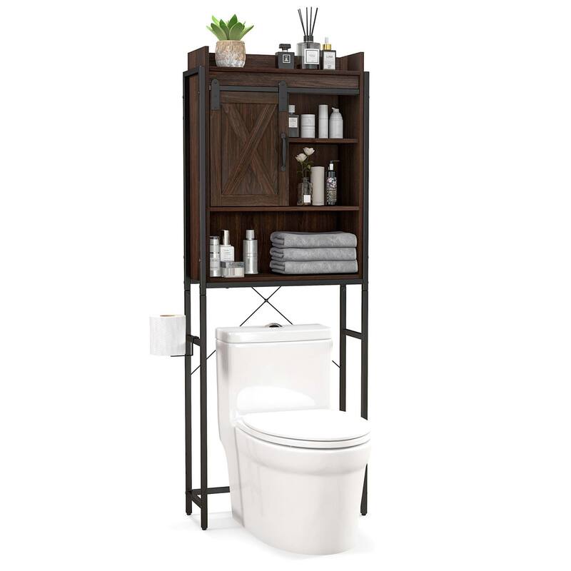 Over-The-Toilet Storage Cabinet Bathroom w/ Sliding Barn Door - Rustic Brown