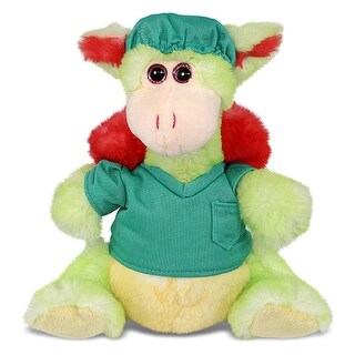 DolliBu Dragon Doctor Plush Toy with Cute Scrub Uniform and Cap Outfit - 8 inches