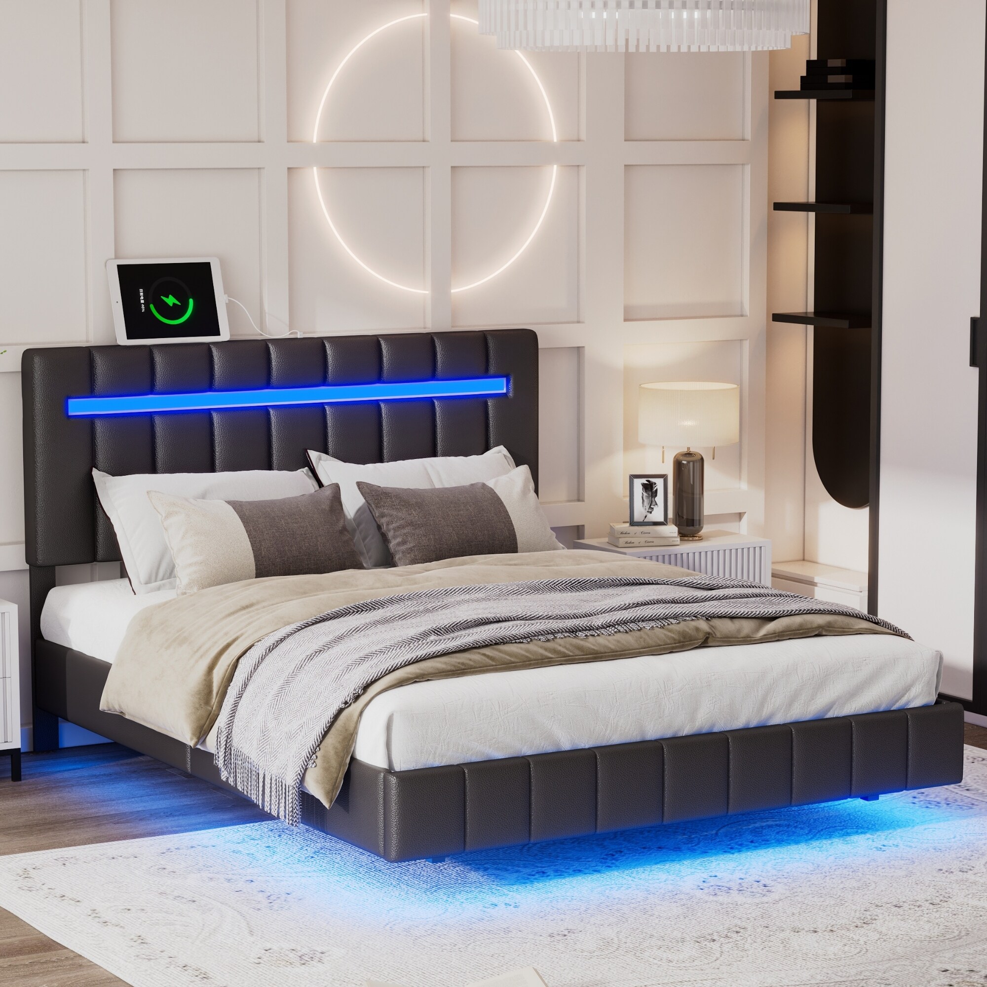 Full Size Floating Platform Bed Frame with LED Lights Bed Bath