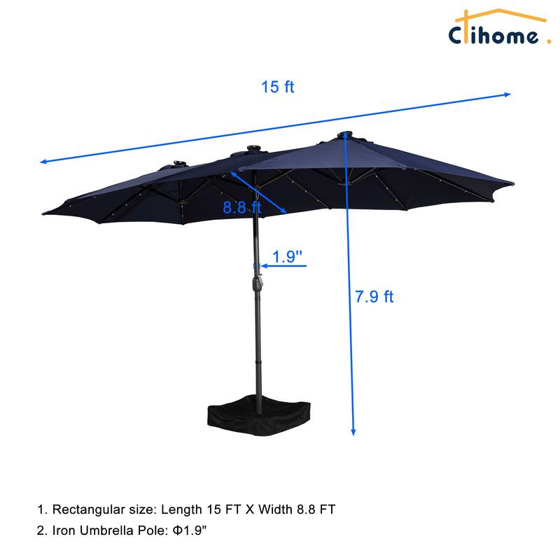 Clihome 15FT Double-Sided Solar Light Market Crank Umbrella with Base