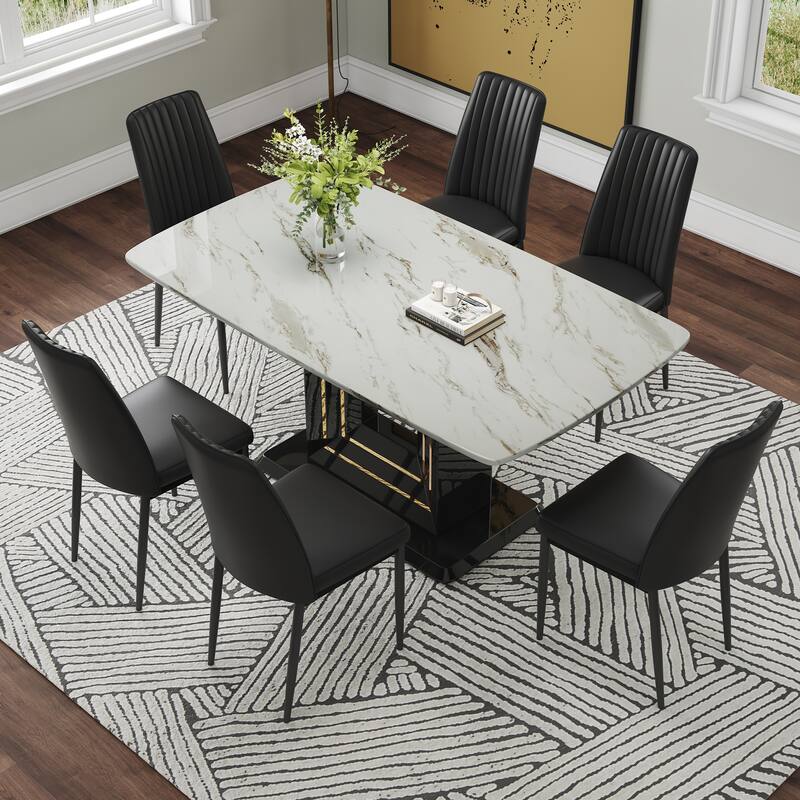 Modern Dining Table Set, 7-Piece Faux Marble Kitchen Table for 6-8, Glass Rectangular Dining Room Table with U-shaped Table Legs