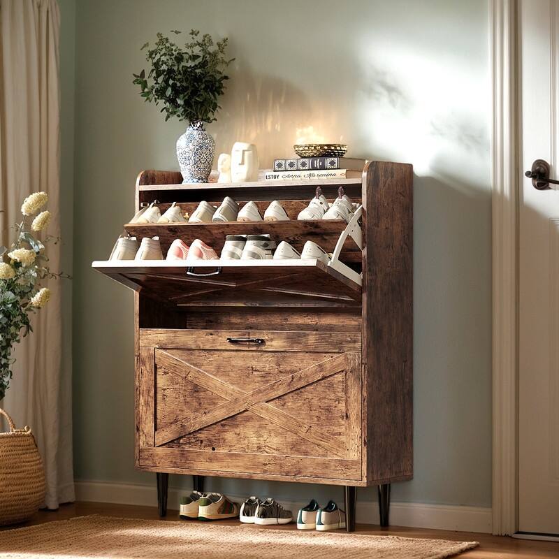 2 Flip 1 Barrier Barn Door Shoe Cabinet Melamine Embossed 31.6in