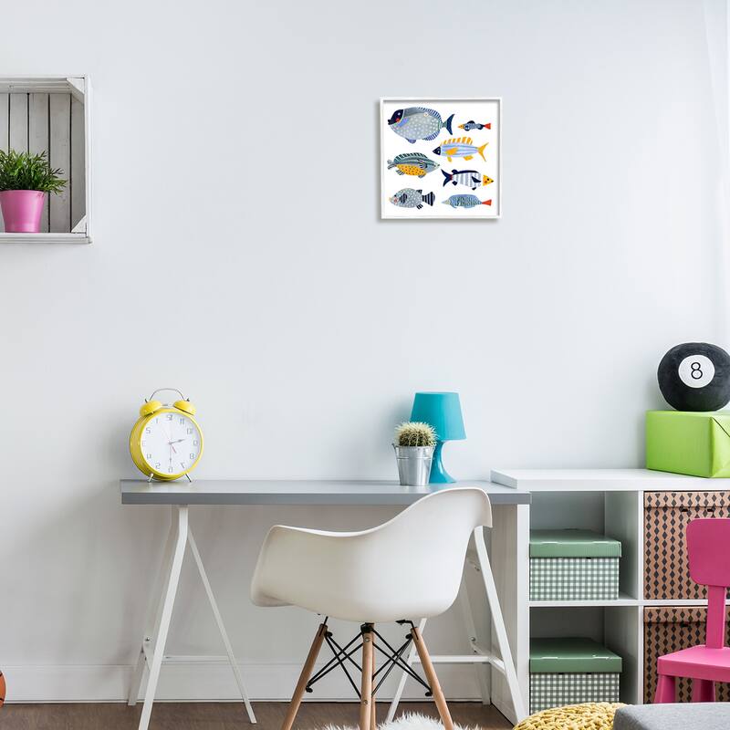 Stupell Children's Aquatic Fish Arrangement Playful Blue Yellow Animals Framed Wall Art
