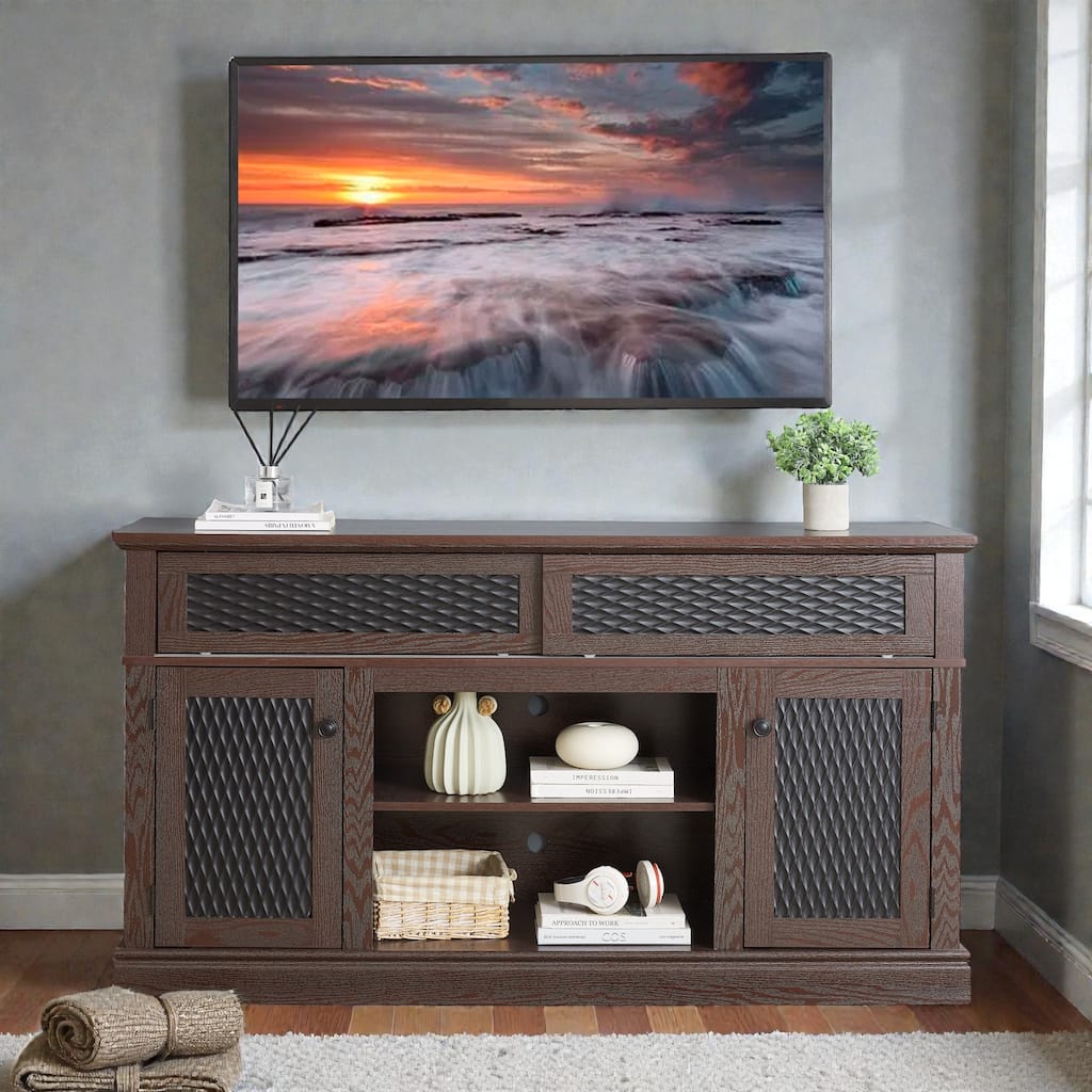 58 Inch Embossed Pattern TV Stand for TVs up to 65 Inch, Media Console with Sliding Door, Open Storage & Cabinets