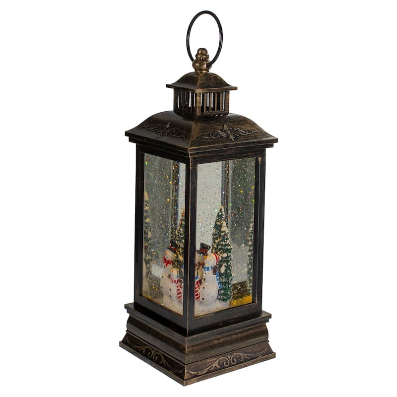 11" Black with Brushed Gold LED Snowman Family Christmas Lantern Snow Globe