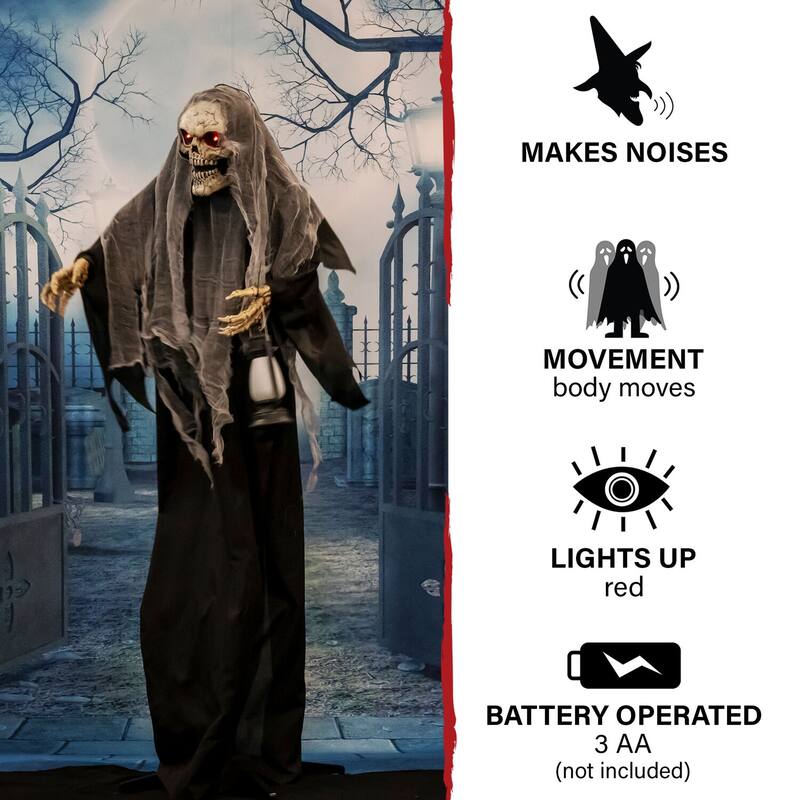 Life-Size Animatronic Skeleton Reaper with Lights and Sound, Indoor/Covered Outdoor Halloween Decoration