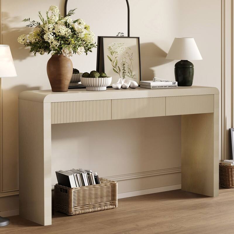 Rustic 52.9" Console Table with 3 Fluted Drawers and Solid Wood Veneer for Entryway Display and Storage