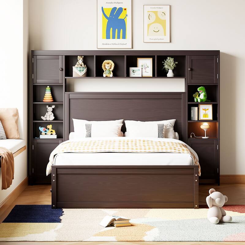 Espresso Full Size Modern Wooden Platform Bed with All-in-One Cabinet,Shelf and Sockets for Bedroom