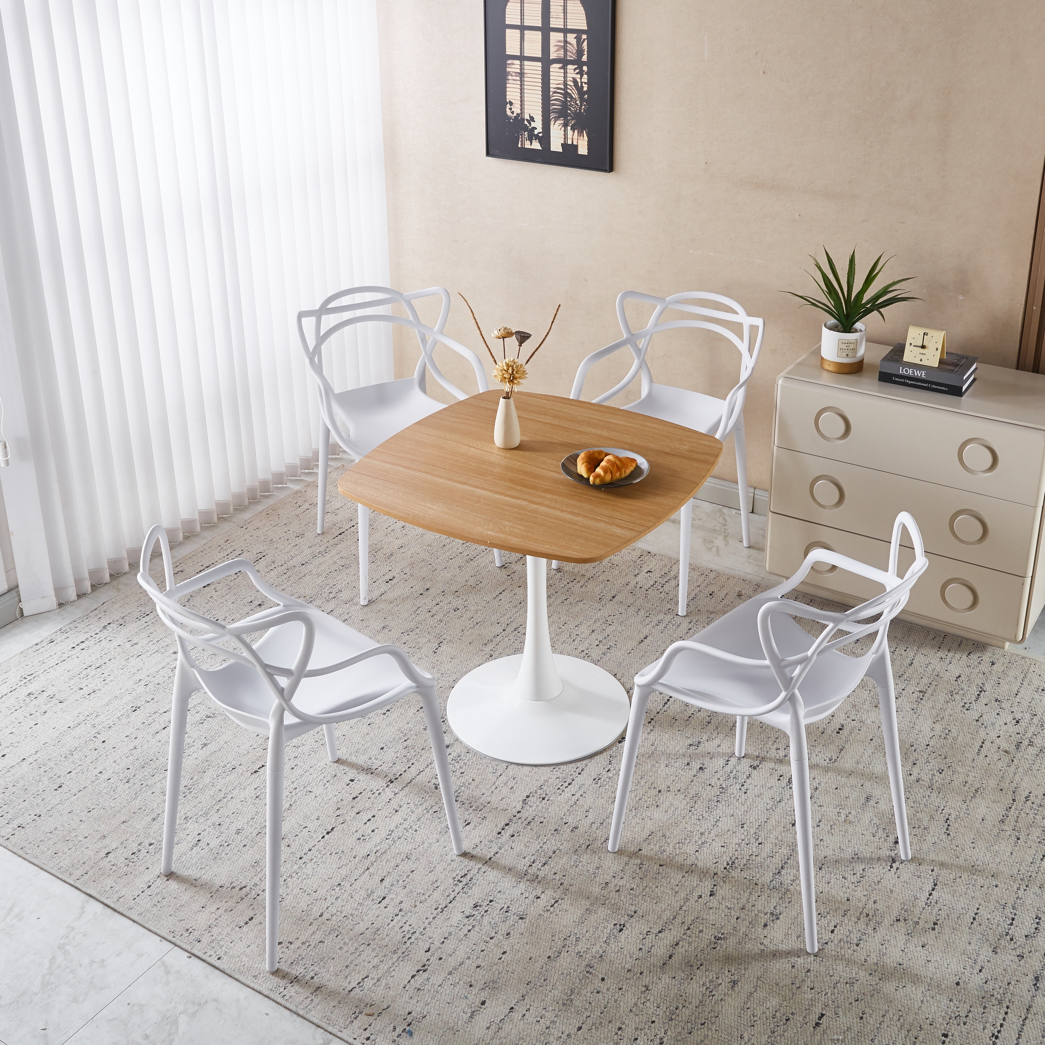 Five-Piece Dining Set With Metal Leg Mid-Century Table For Four To Six People, MDF Table Top, Pedestal