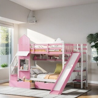 Twin Over Twin Size Bunk Bed Kids Bed with 2 Drawers 3 Shelves and Slide, Pink
