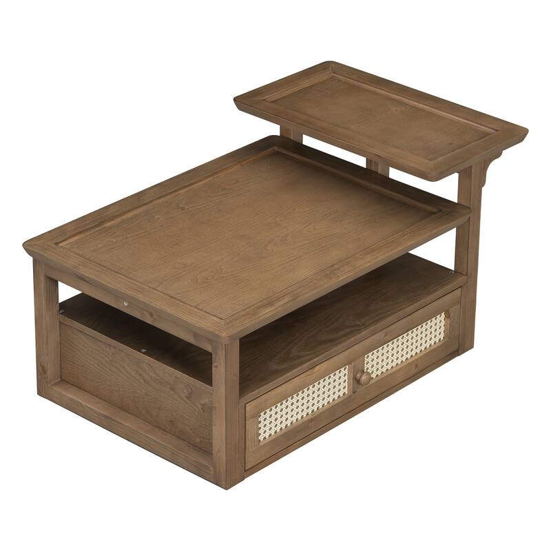 Coffee Table with 1 Storage Shelf and 1 Rattan Drawer