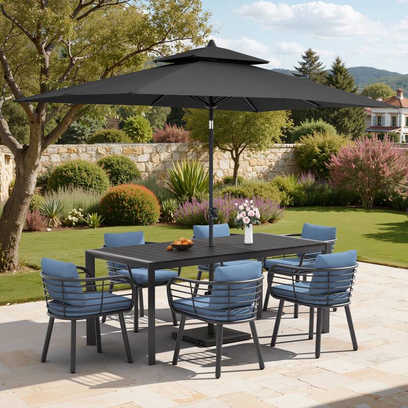 9/11-Piece Outdoor Dining Set w/10 ft Umbrella and Base Aluminum Dining Table and Chairs with Sunbrella Cushions