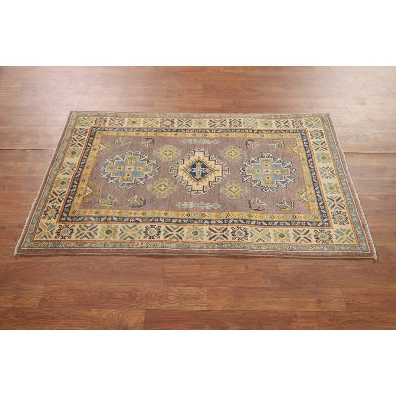 Geometric Brown Kazak Foyer Rug Hand-Knotted Wool Carpet - 2'8" x 4'3"